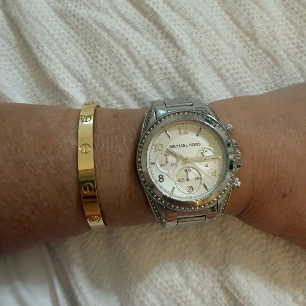 Michael Kors Silver Chronograph Watch with Crystal Bezel